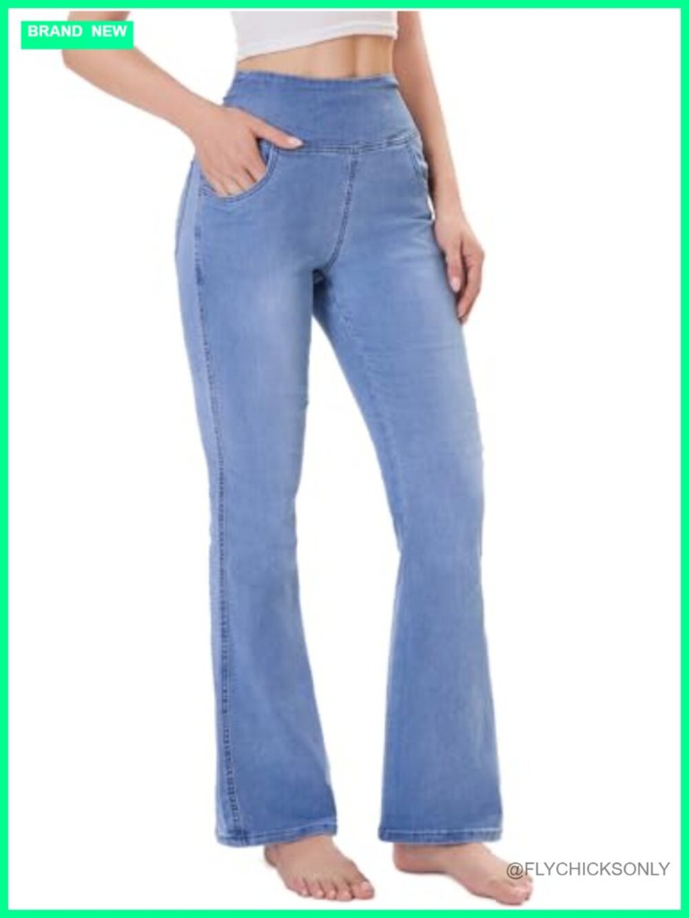 Pull On Flare Jeans High Waisted Tummy Control Stretchy Boot Cut Denim
